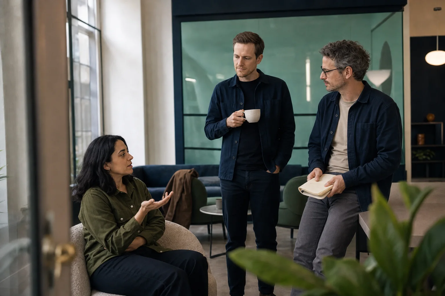 Illustrative agency team having an informal studio conversation